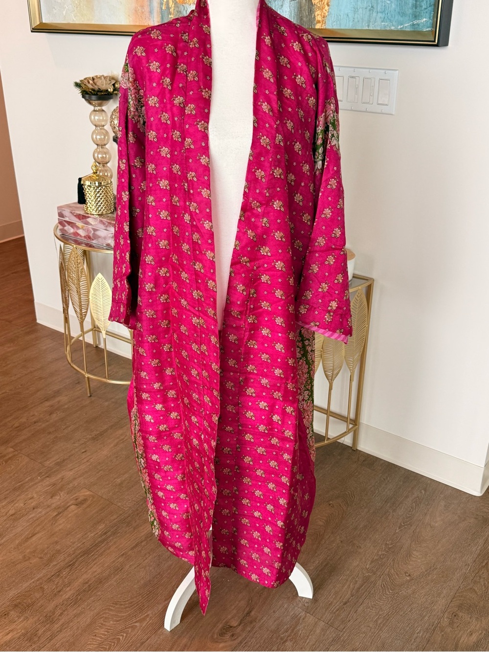 100% Silk Floral Kimono Robe in Fuchsia -Reversible